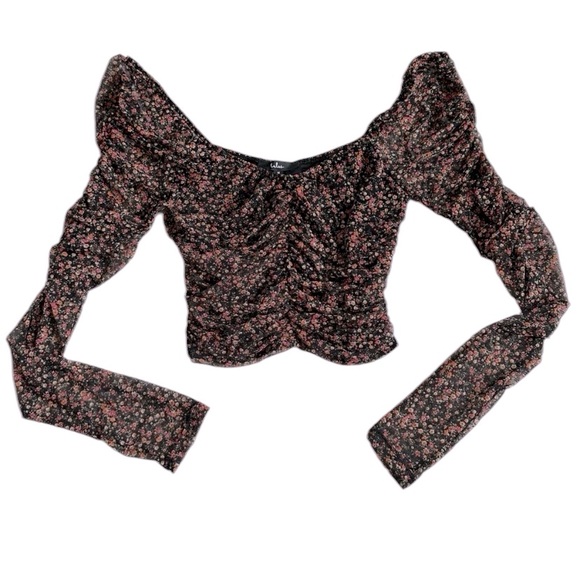 Lulus Trends with the Best Black Floral Print Ruched Mesh Crop Top size small - Picture 3 of 8